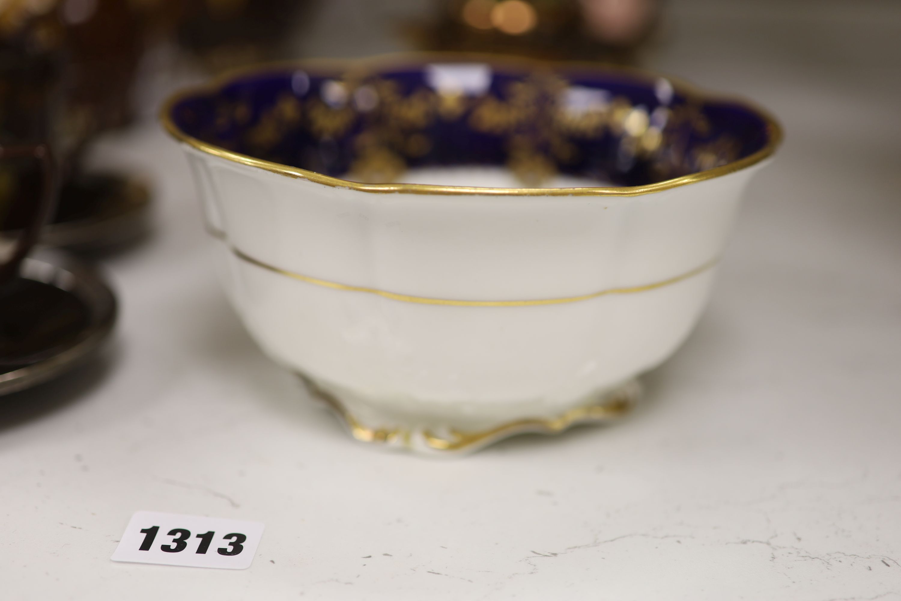 A Royal Doulton silver mounted Hearts Content tea service, and a Doulton Japanese inspired silver mounted jug, assorted lustre jugs